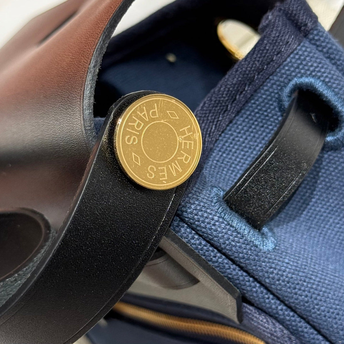 HM Mini Herbag Gold Buckle 20 Navy Blue Canvas and Hunter Cowhide 243255