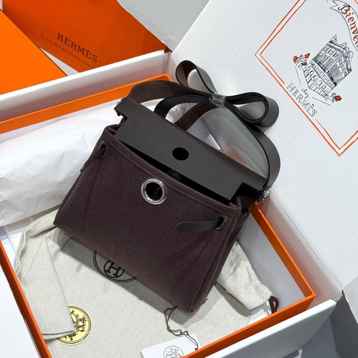 HM Mini Herbag Silver Buckle 20 Dark Brown Canvas and Hunter Cowhide 243305