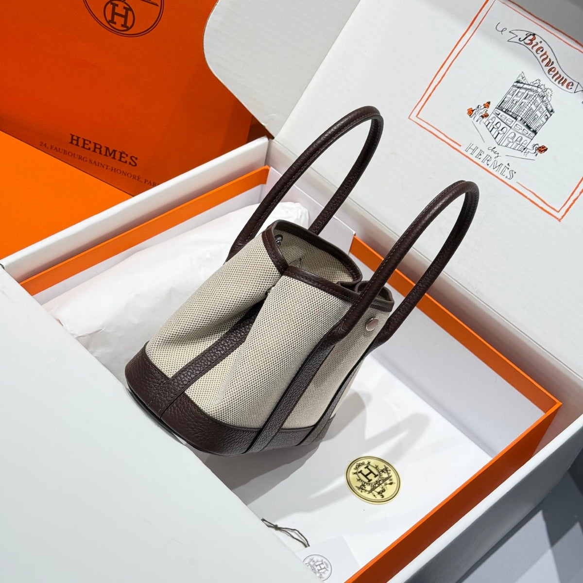 HM Garden Party Mini 23cm Bag Chocolate Togo Cream Canvas