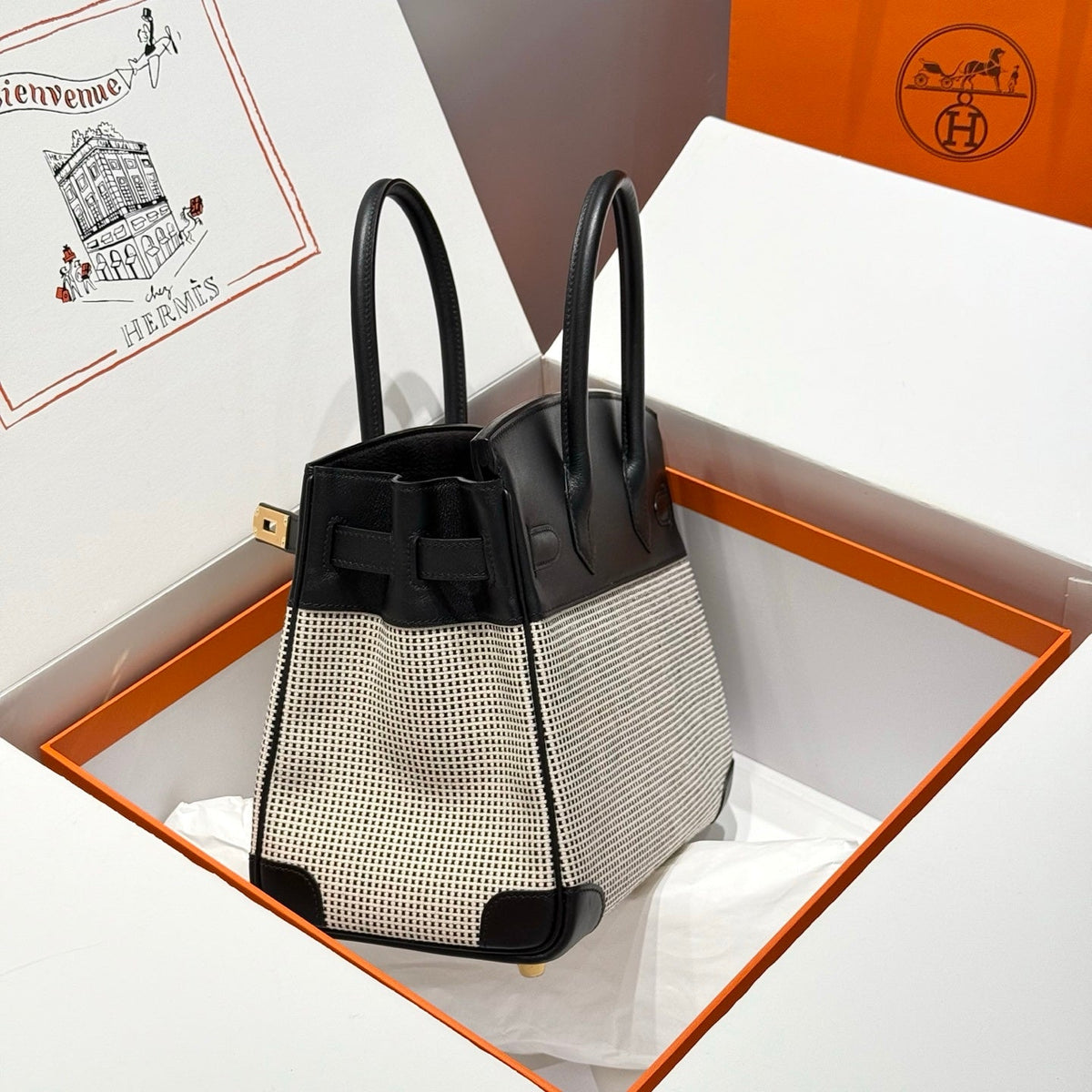 HM Birkin 30cm Black Swift Leather Dark Grey Canvas Gold Hardware