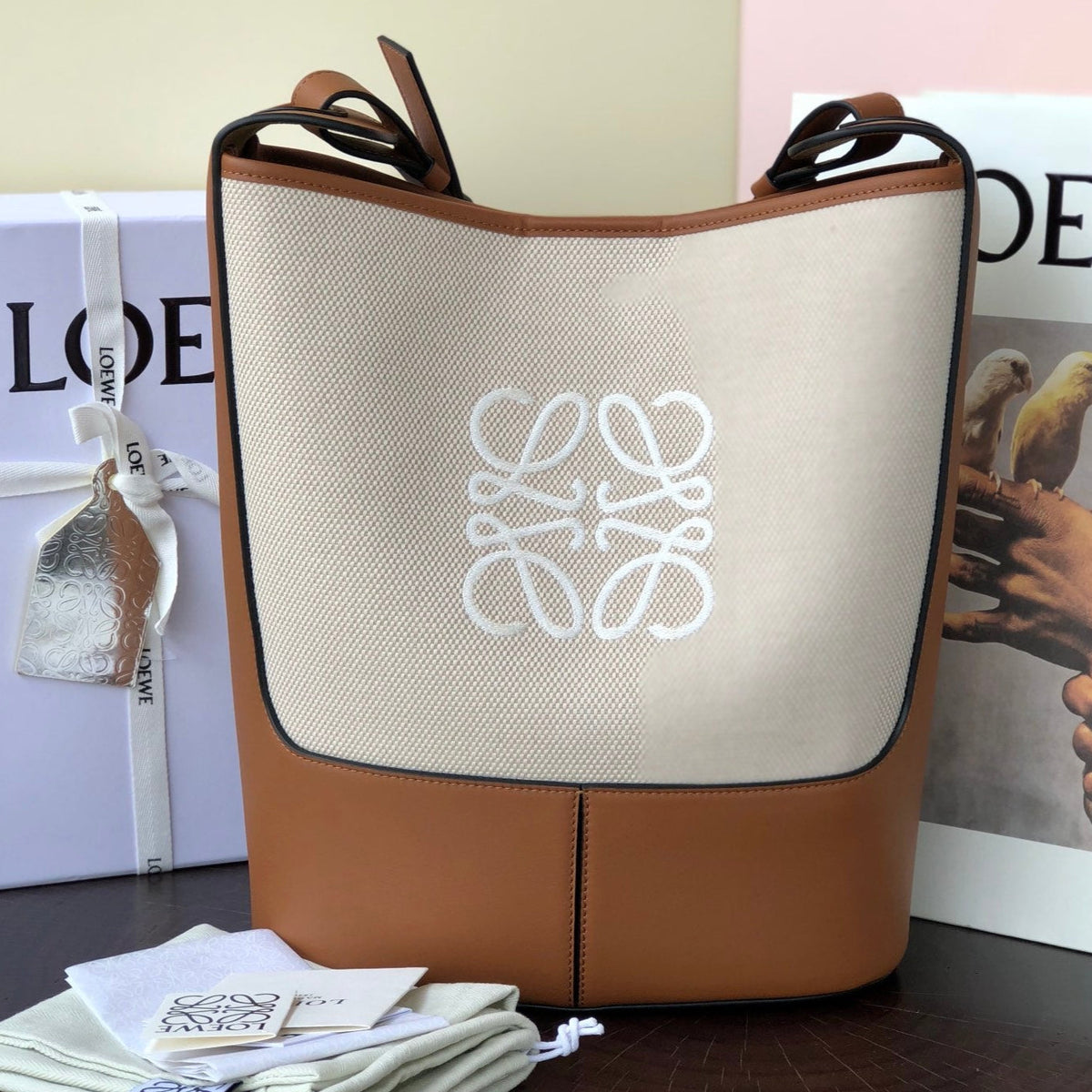 Loewe Hobo Bucket Bag Brown mix Gray Leather Canvas 324468