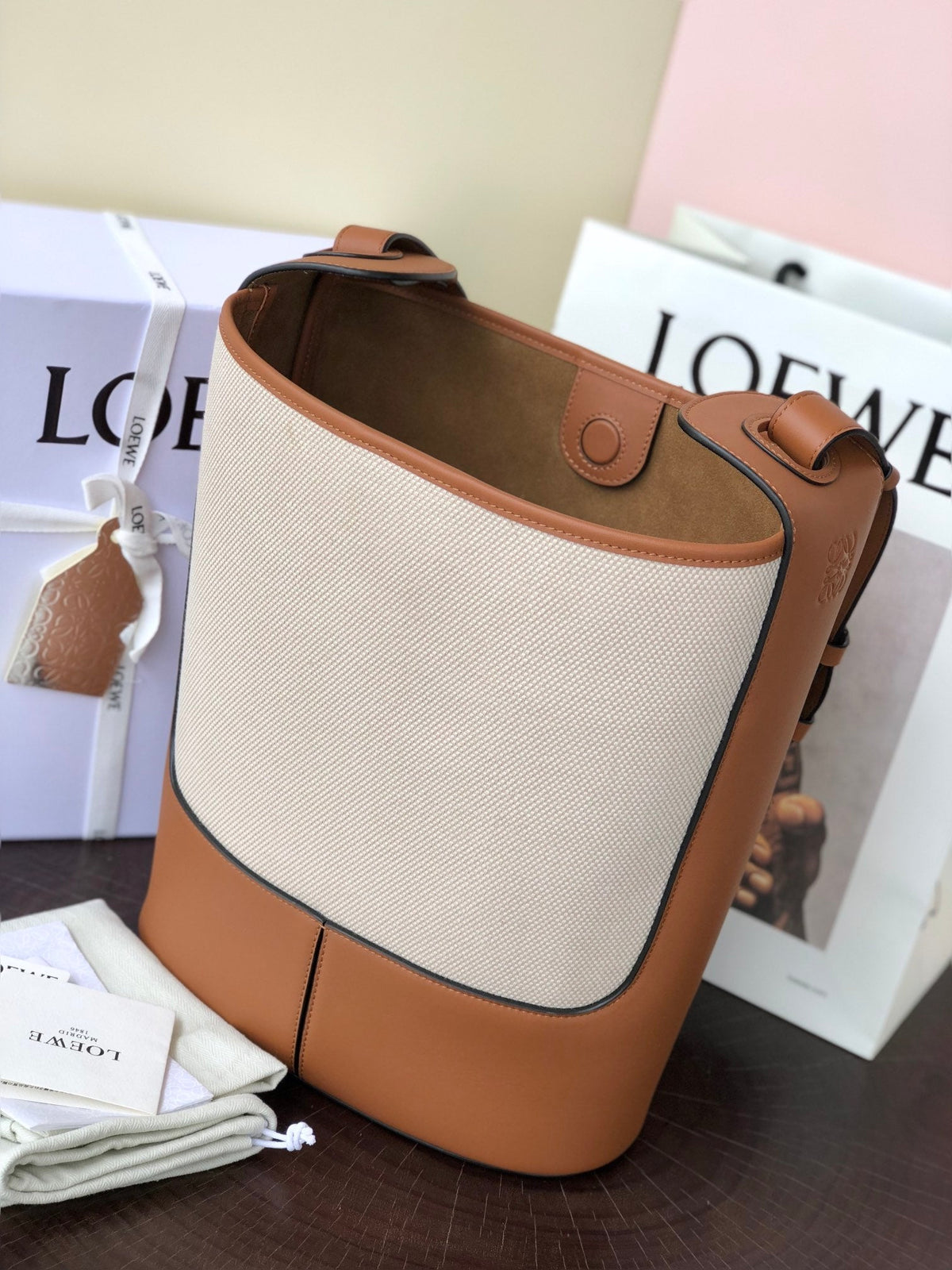 Loewe Hobo Bucket Bag Brown mix Gray Leather Canvas 324468