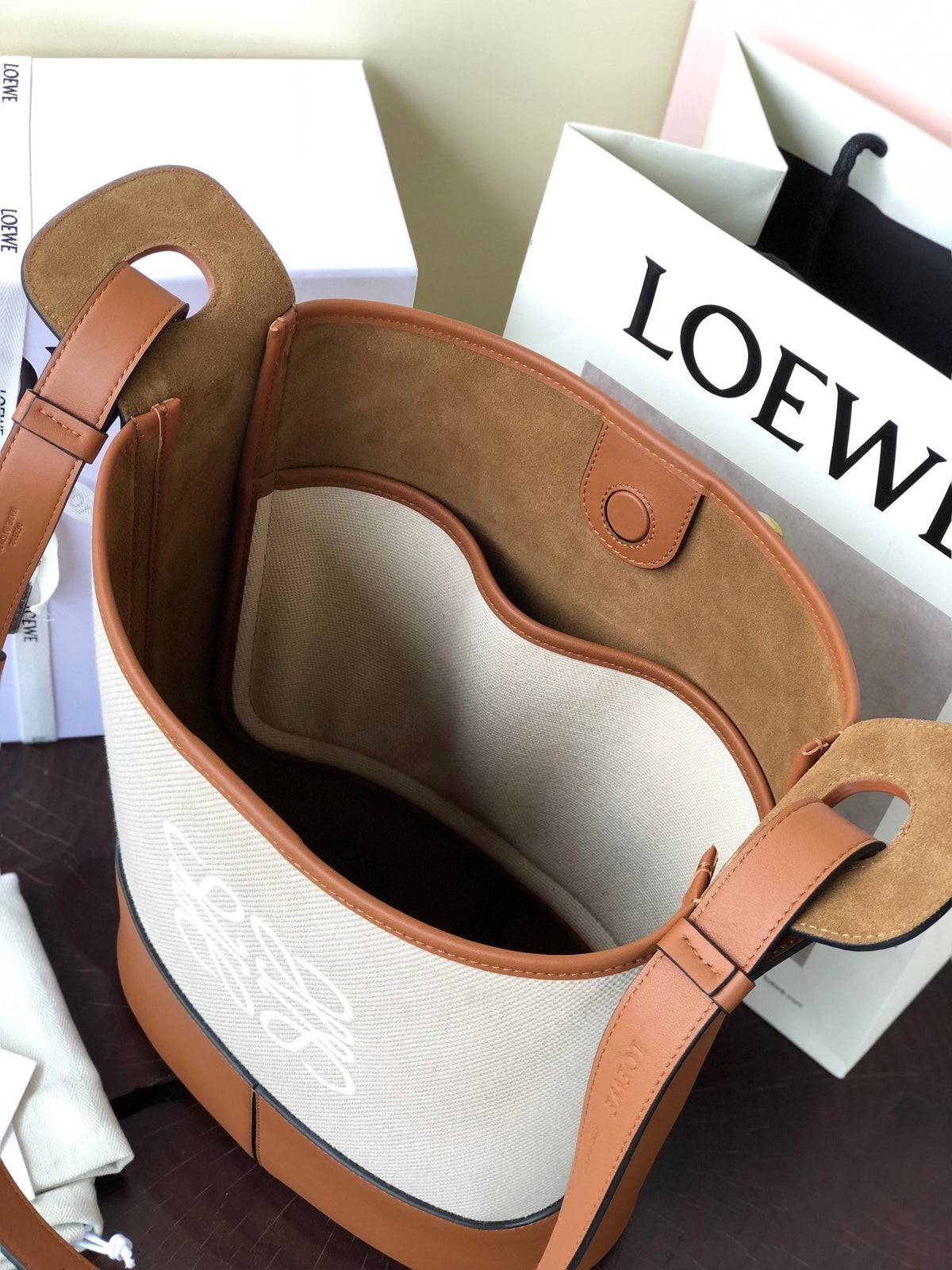 Loewe Hobo Bucket Bag Brown mix Gray Leather Canvas 324468