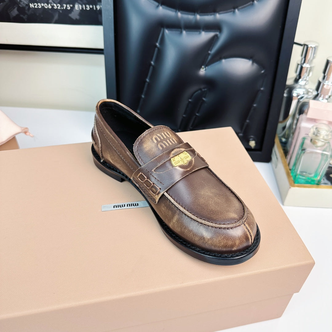 Miu Loafers Chestnut Brown Calfskin