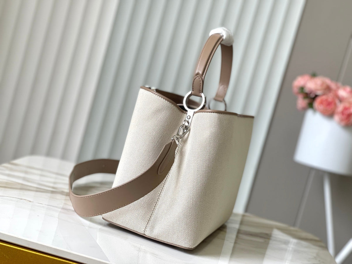 CAPUCINES GM 38CM BEIGE CANVAS BROWN CALFSKIN