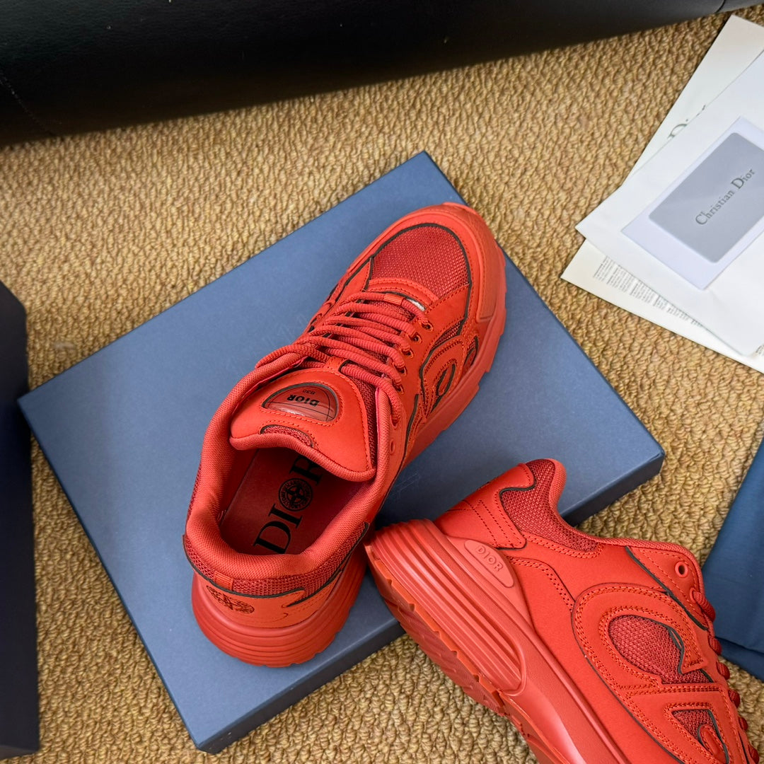 CD And Stone Island B30 Sneaker Red Orange Cowhide And Polyester Mesh Fabric