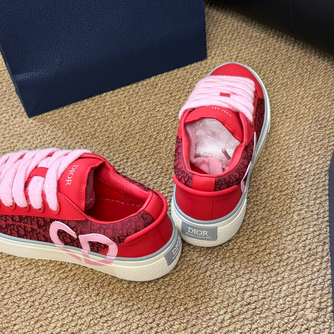 CD B33 Sneaker Red Pink Oblique Jacquard Fabric And Lambskin