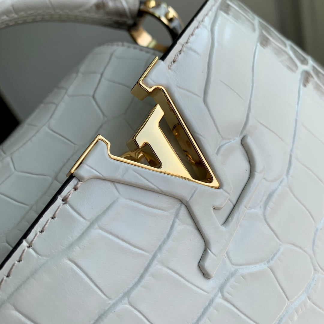 CAPUCINES MINI 21 WHITE GREY CROCODILE EMBOSSED CALFSKIN GOLD HARDWARE