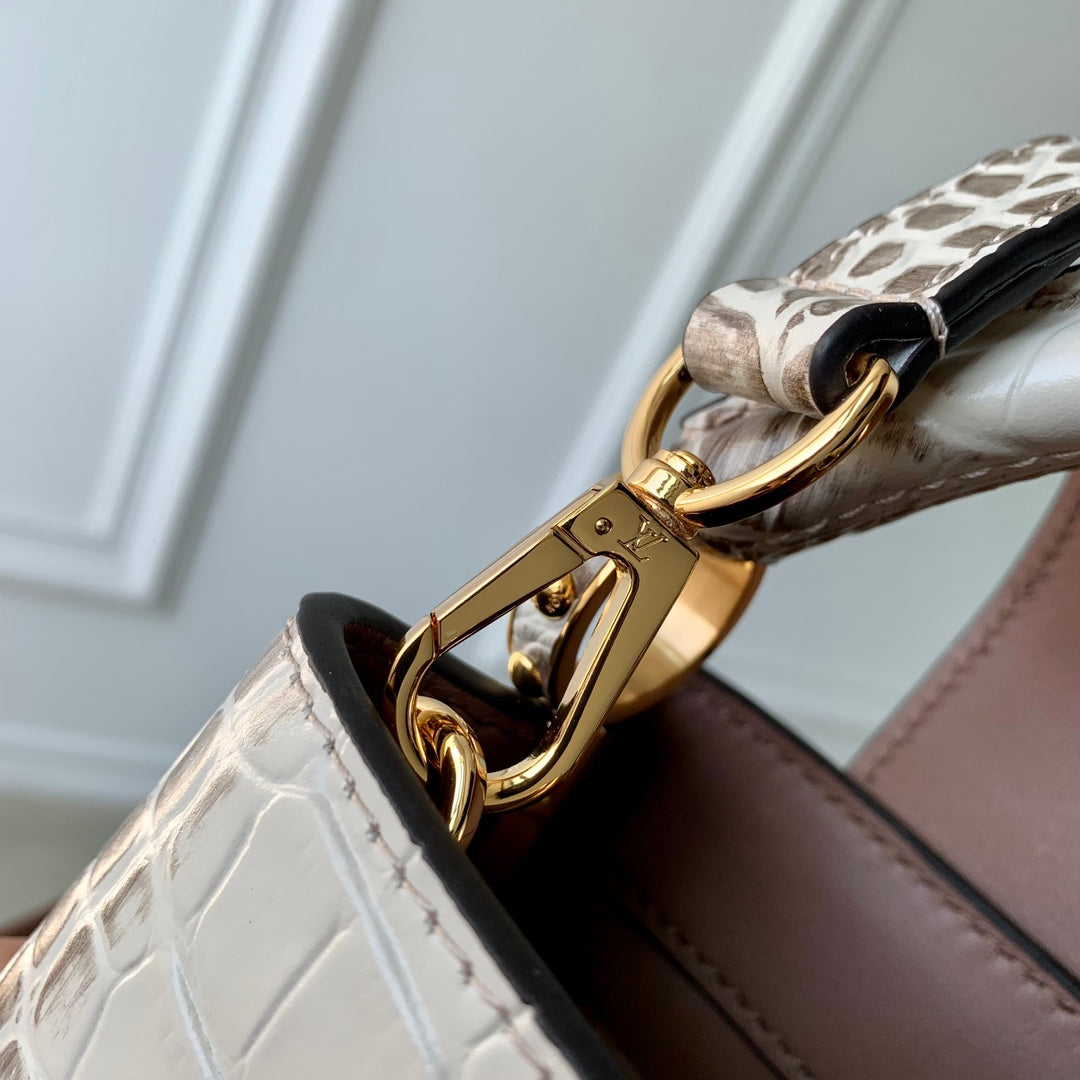 CAPUCINES MINI 21 WHITE GREY CROCODILE EMBOSSED CALFSKIN GOLD HARDWARE