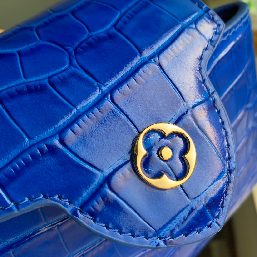 CAPUCINES MINI 21 COBALT BLUE CROCODILE EMBOSSED CALFSKIN GOLD HARDWARE