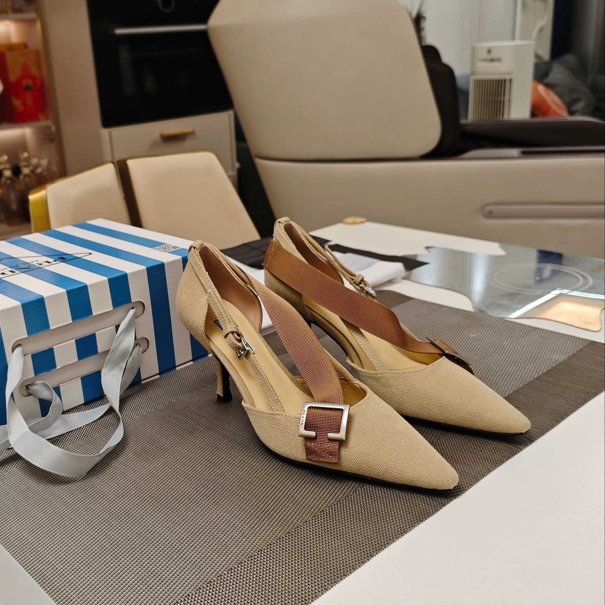 PRA 26S High Heel Pump 70 Beige Brown Canvas 630559