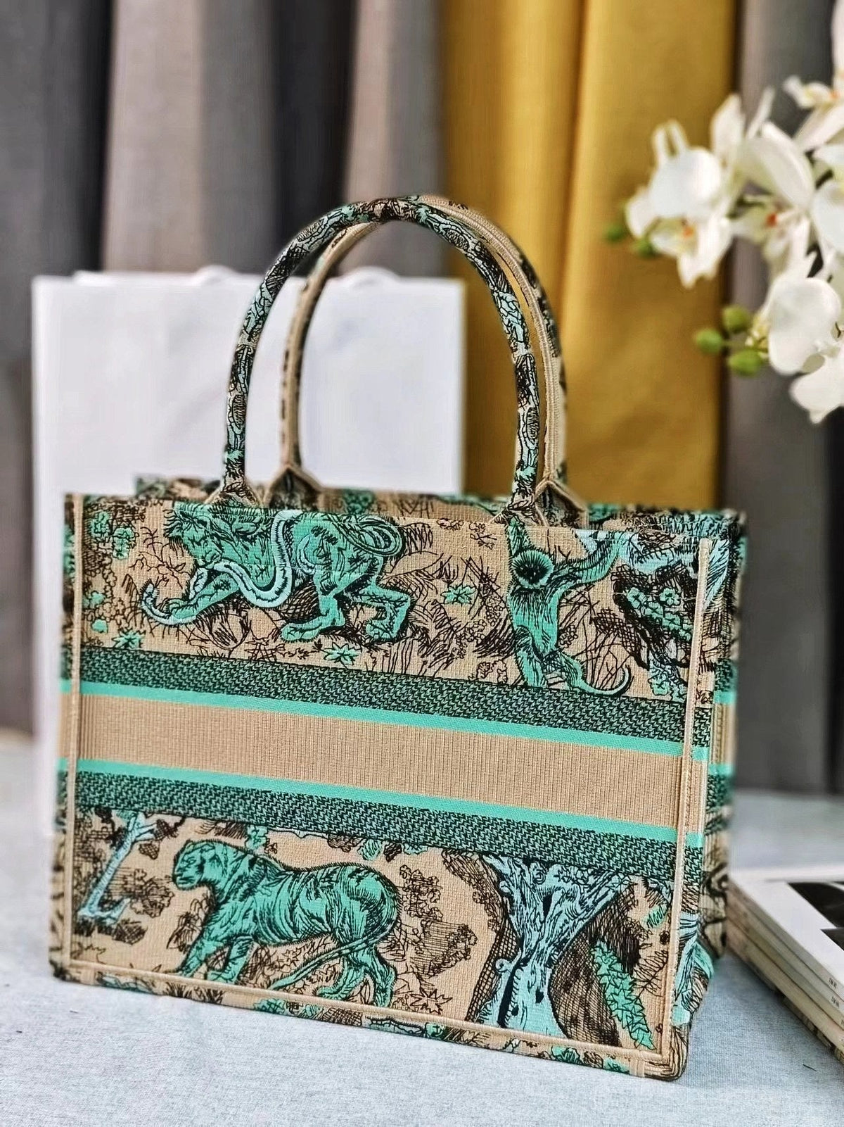 medium dioriviera book tote 36 tiffany blue tiger embroidery canvas