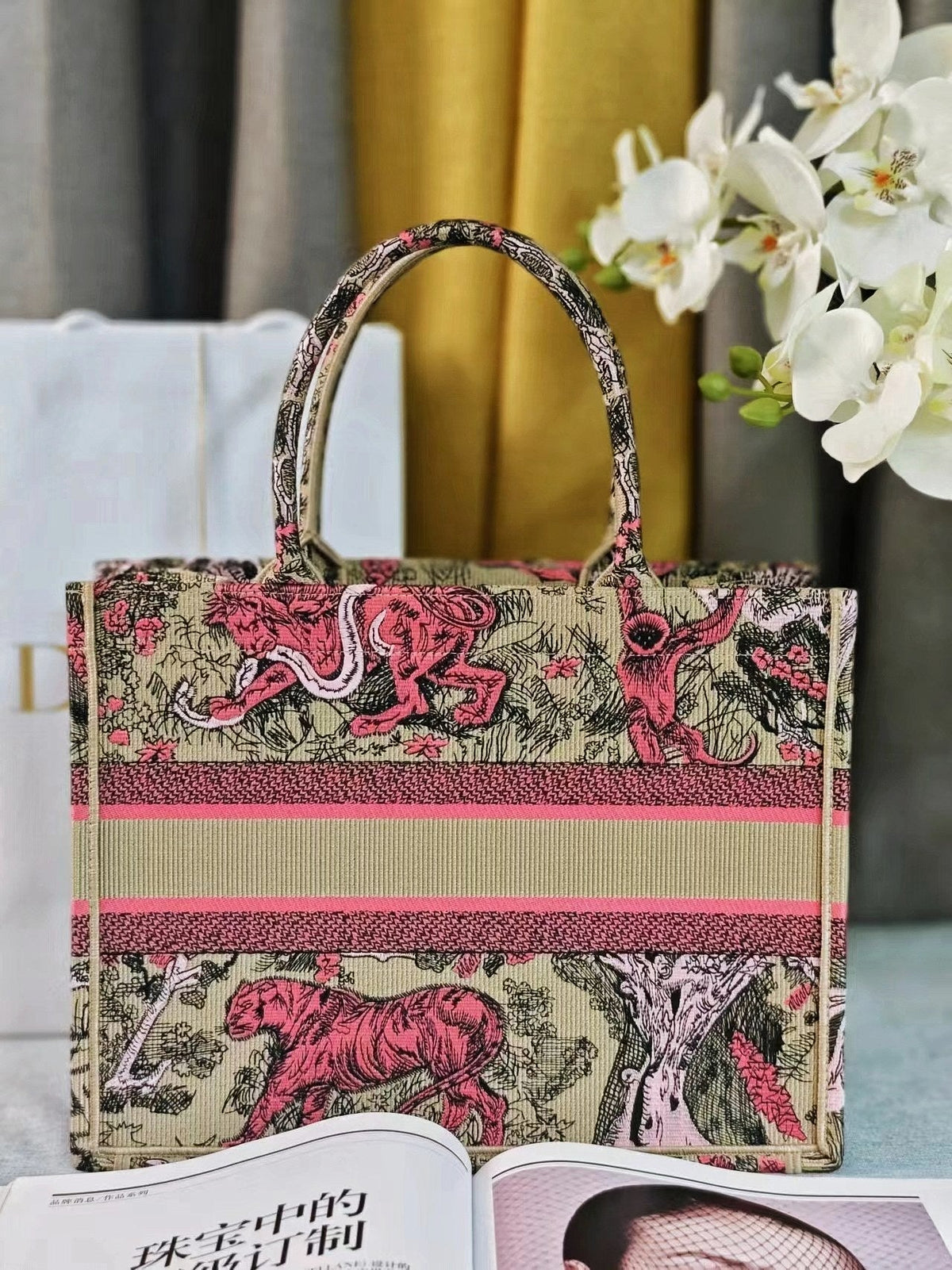 medium dioriviera 36 pink beige tiger embroidery canvas