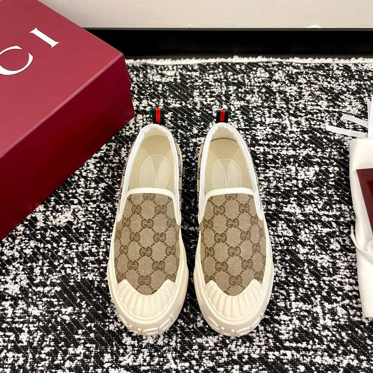 GG 26 Platform Loafers Beige White Monogram Denim 632826