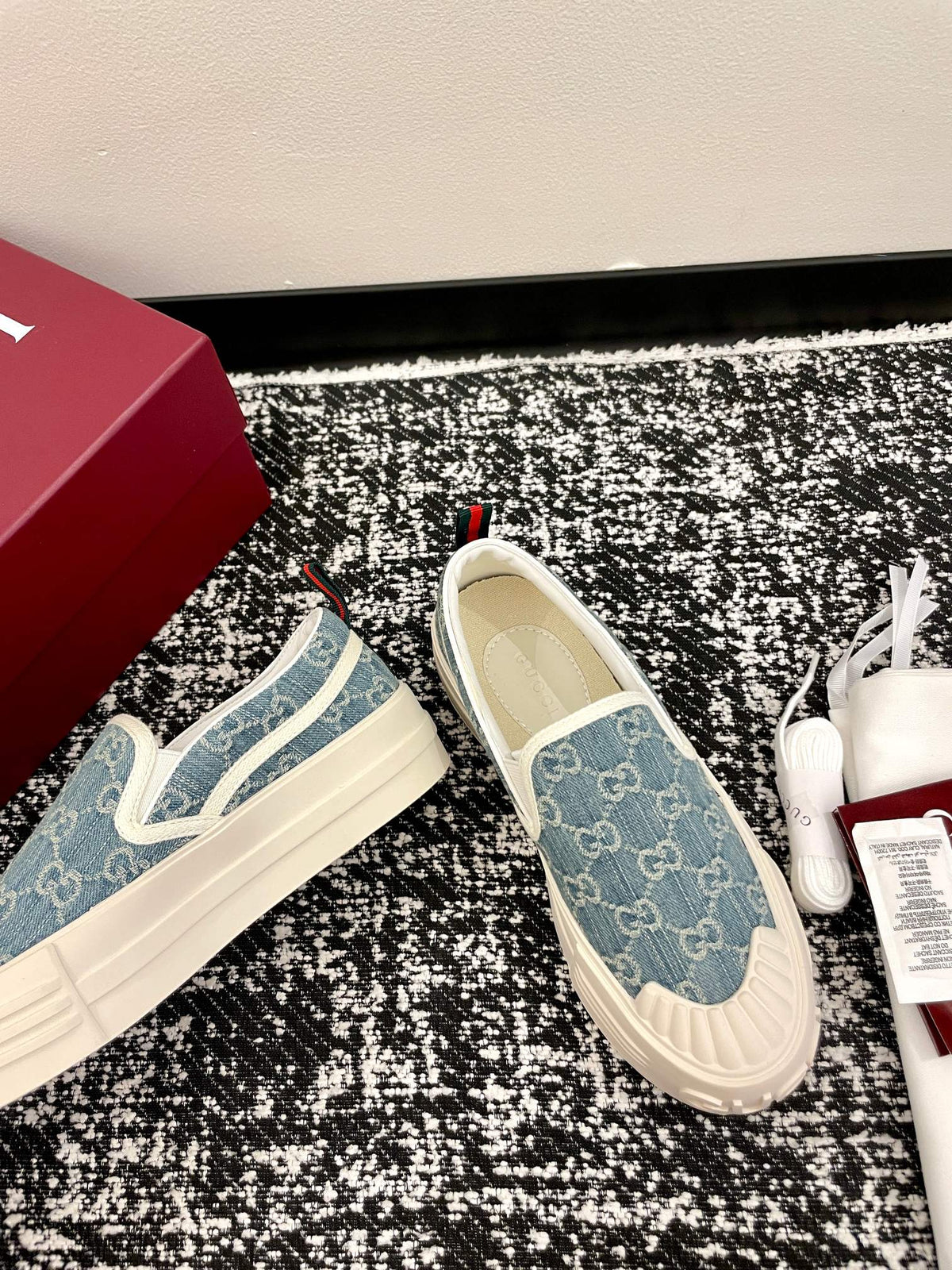 GG 26 Platform Loafers Light Blue White Monogram Denim 632827