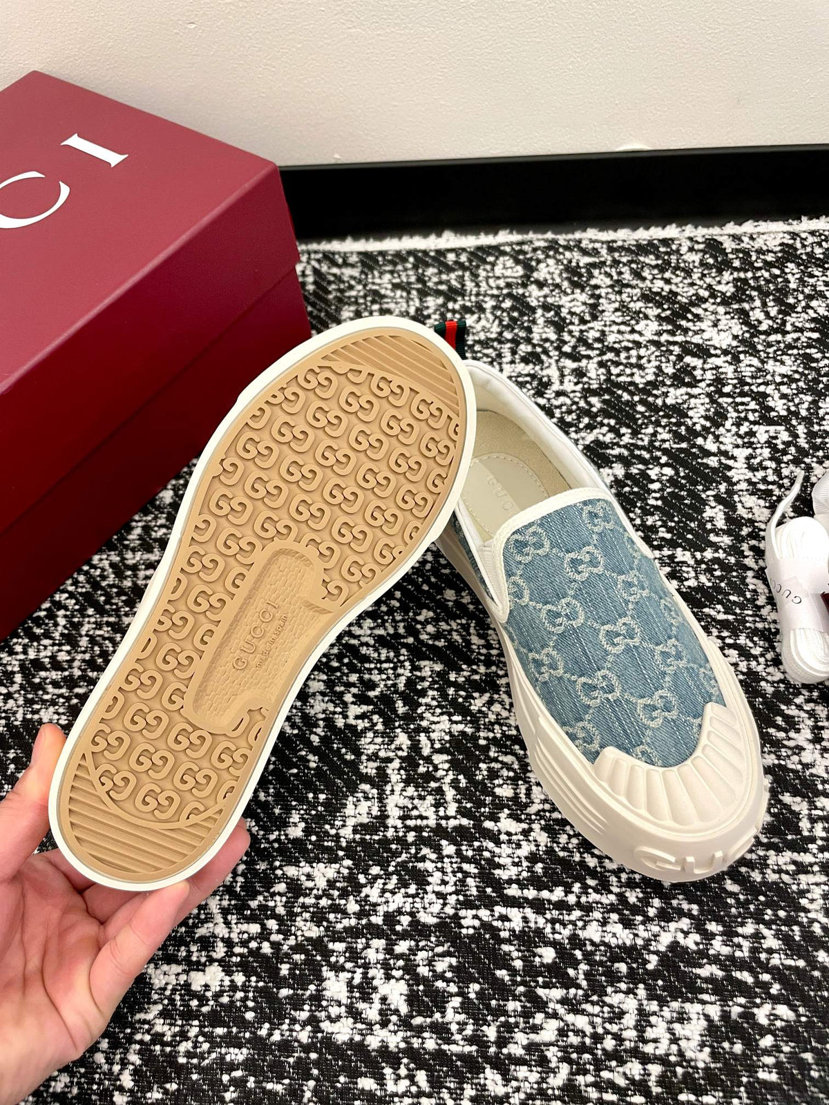 GG 26 Platform Loafers Light Blue White Monogram Denim 632827