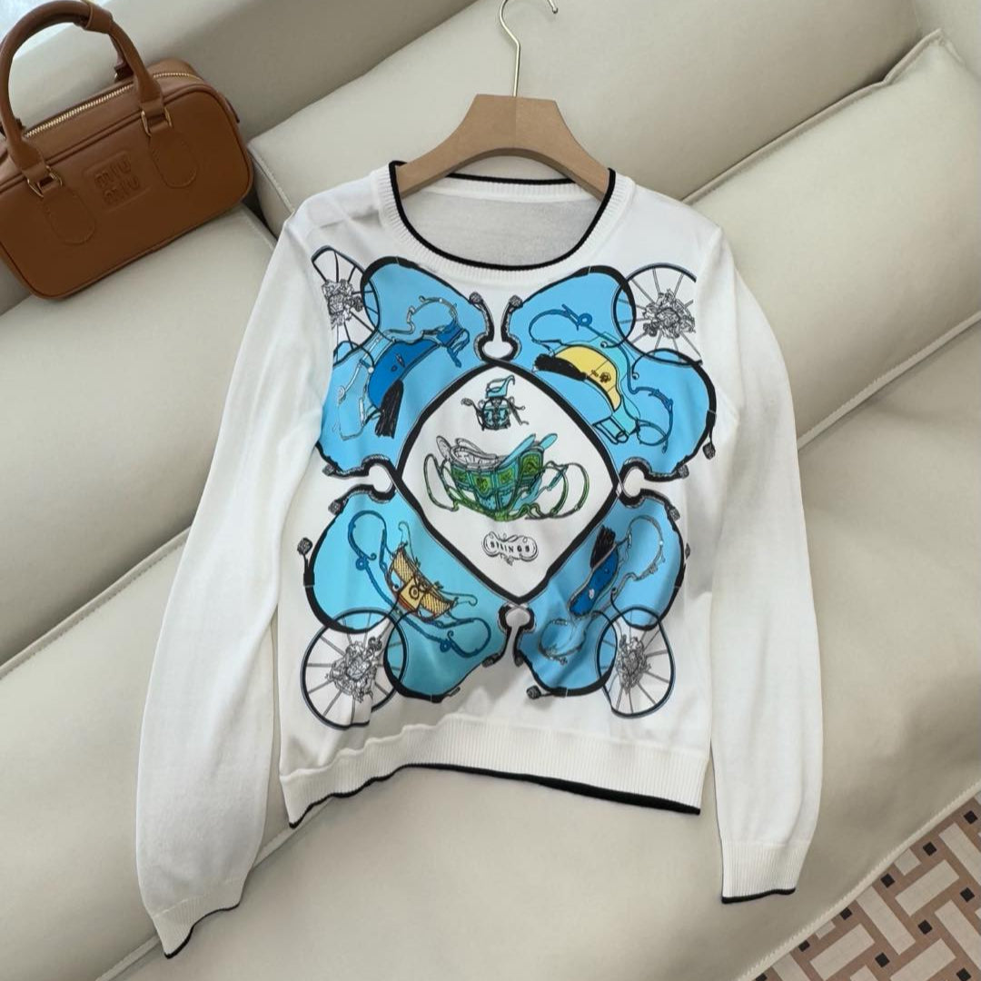 Hm Long Sleeve Knit Sweater White Blue Silk
