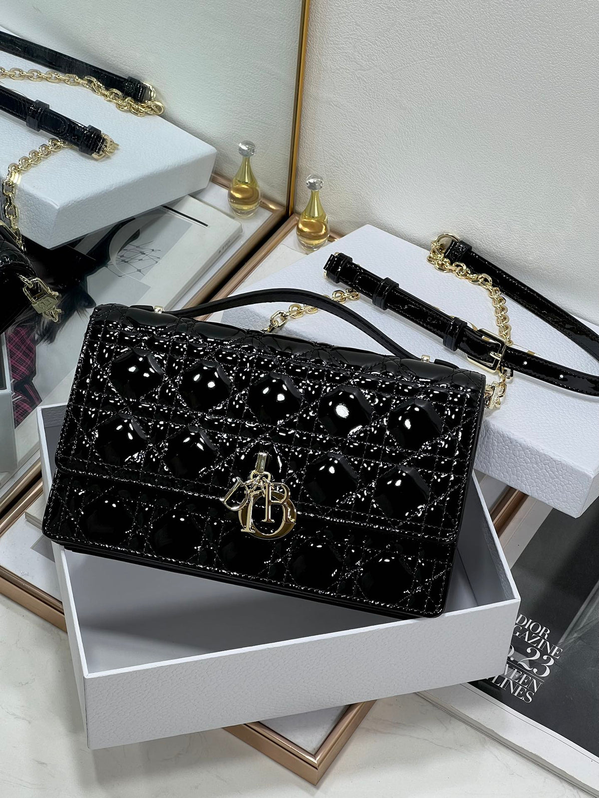 MY CD 24 TOP HANDLE BAG BLACK PATENT LAMBSKIN