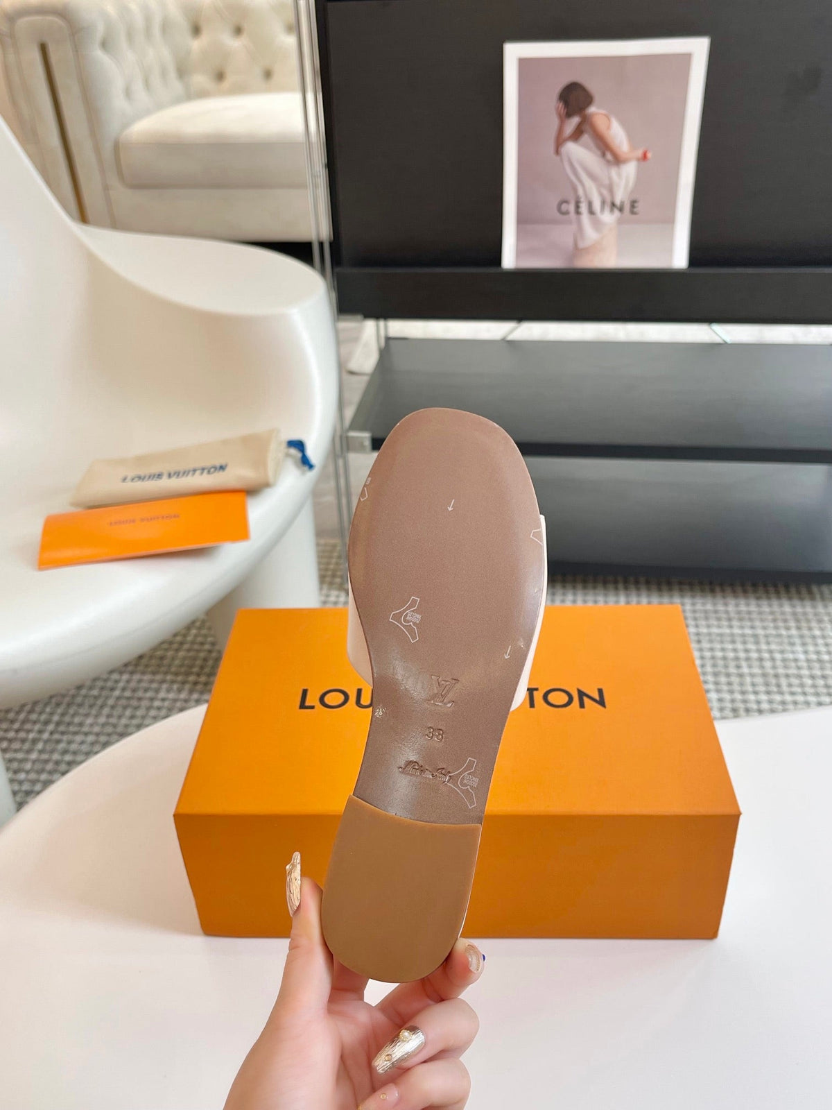 lv capri flat mule beige calfskin