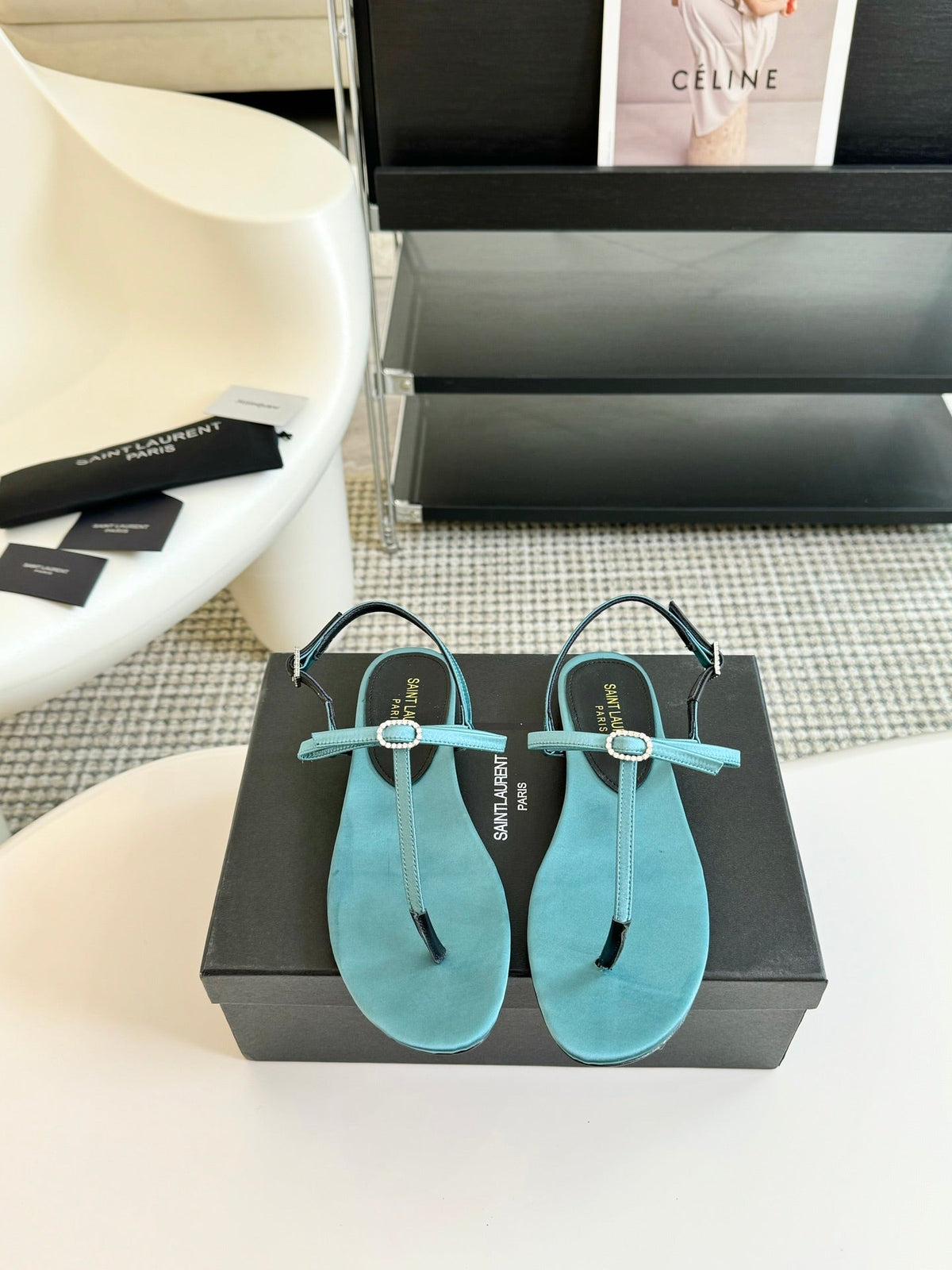 SL CRYSTAL T-STRAP FLAT SANDAL SAPPHIRE SATIN