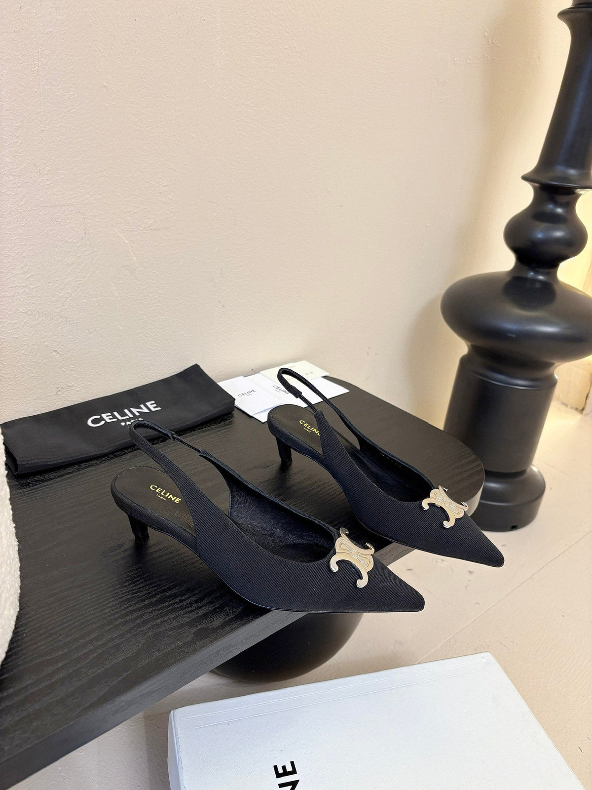 CELINE Alma Triomphe Slingback Black Fabric 235704