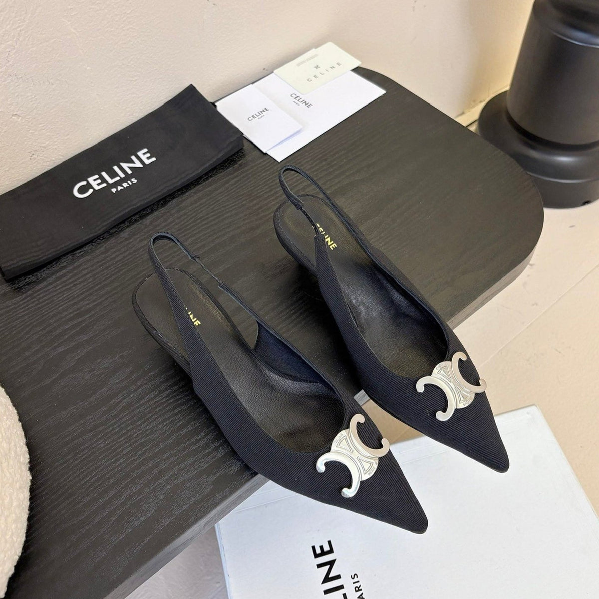 CELINE Alma Triomphe Slingback Black Fabric 235704