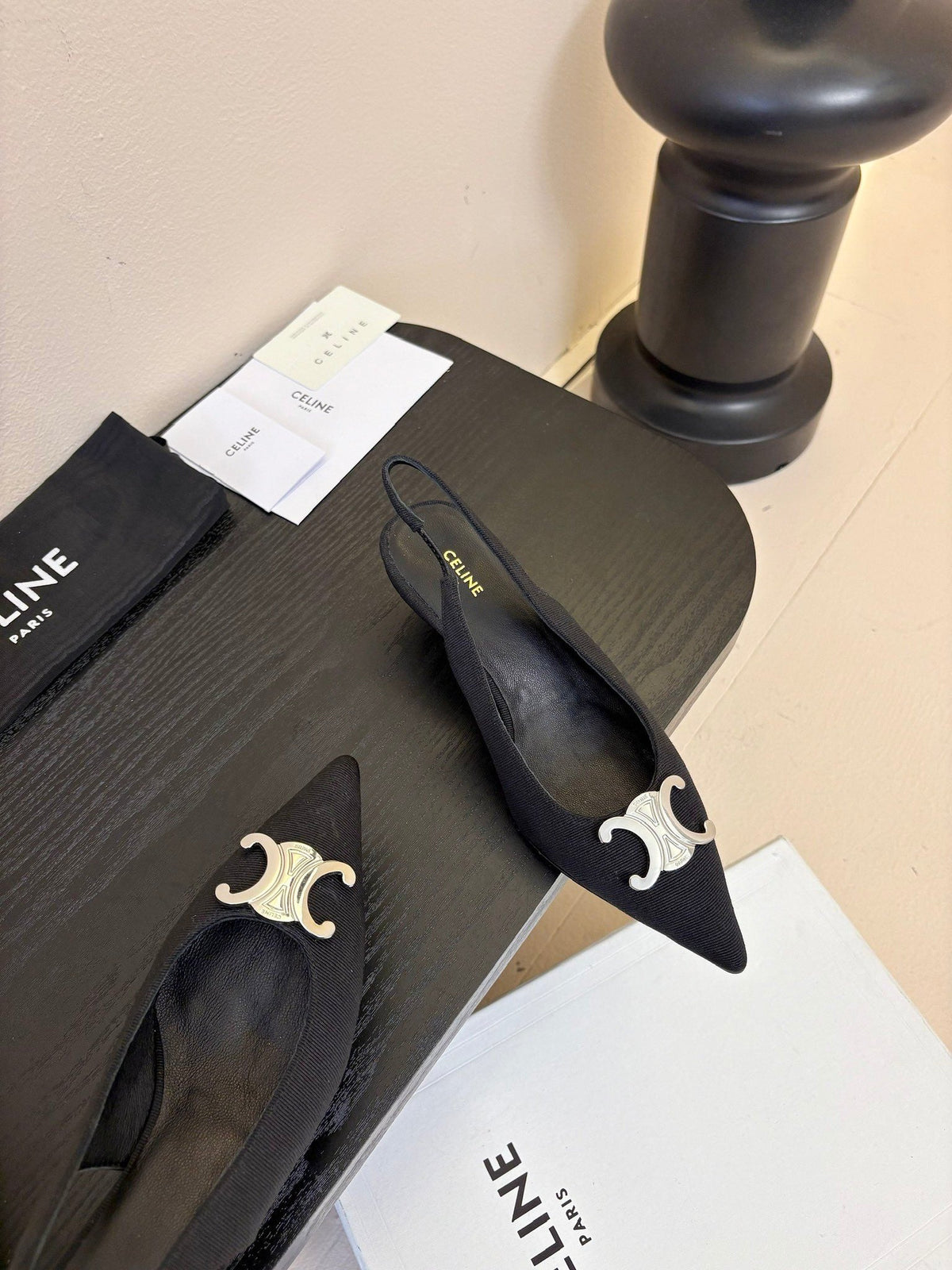 CELINE Alma Triomphe Slingback Black Fabric 235704