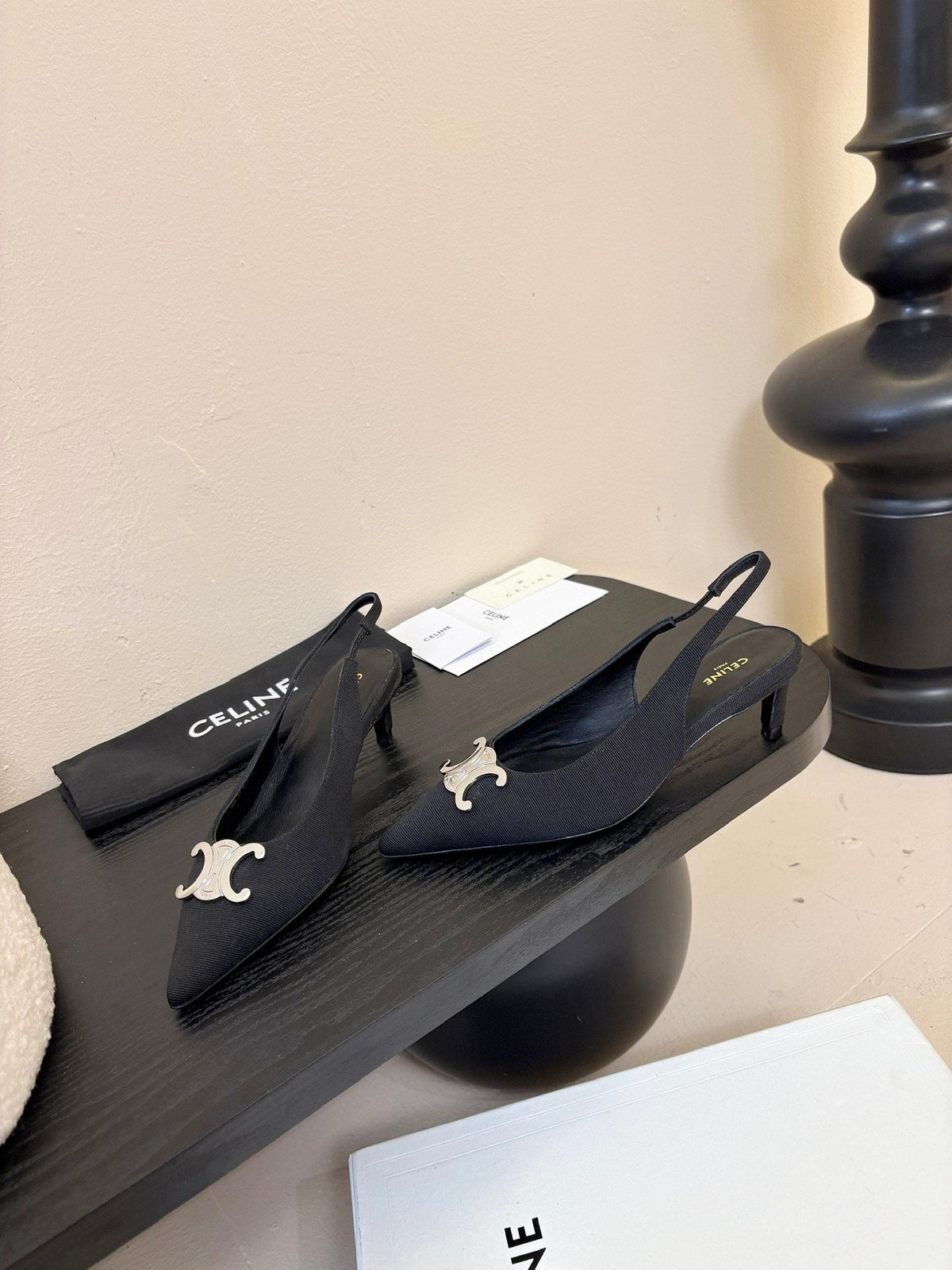 CELINE Alma Triomphe Slingback Black Fabric 235704