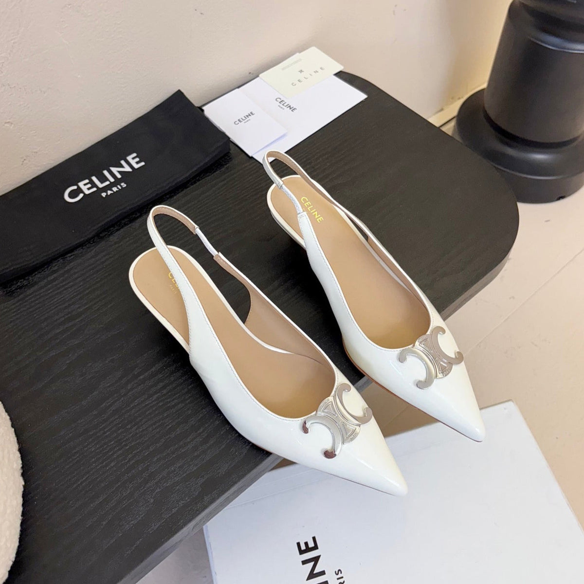 CELINE Alma Triomphe Slingback White Patent Calfskin 235706