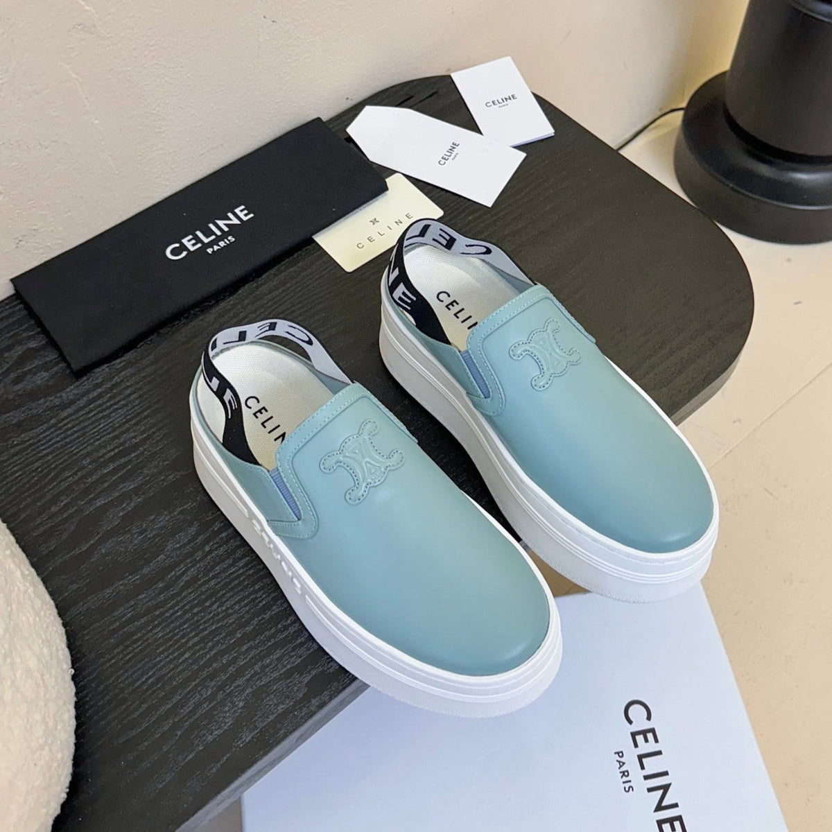CELINE Block Wedge Mule Baby Blue Calfskin 235718