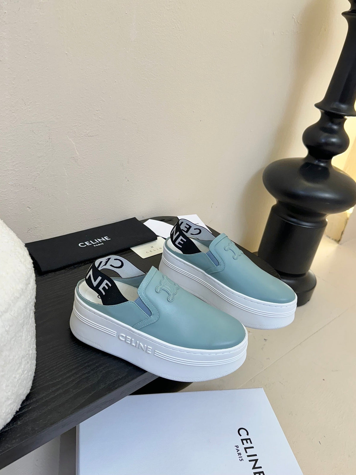 CELINE Block Wedge Mule Baby Blue Calfskin 235718