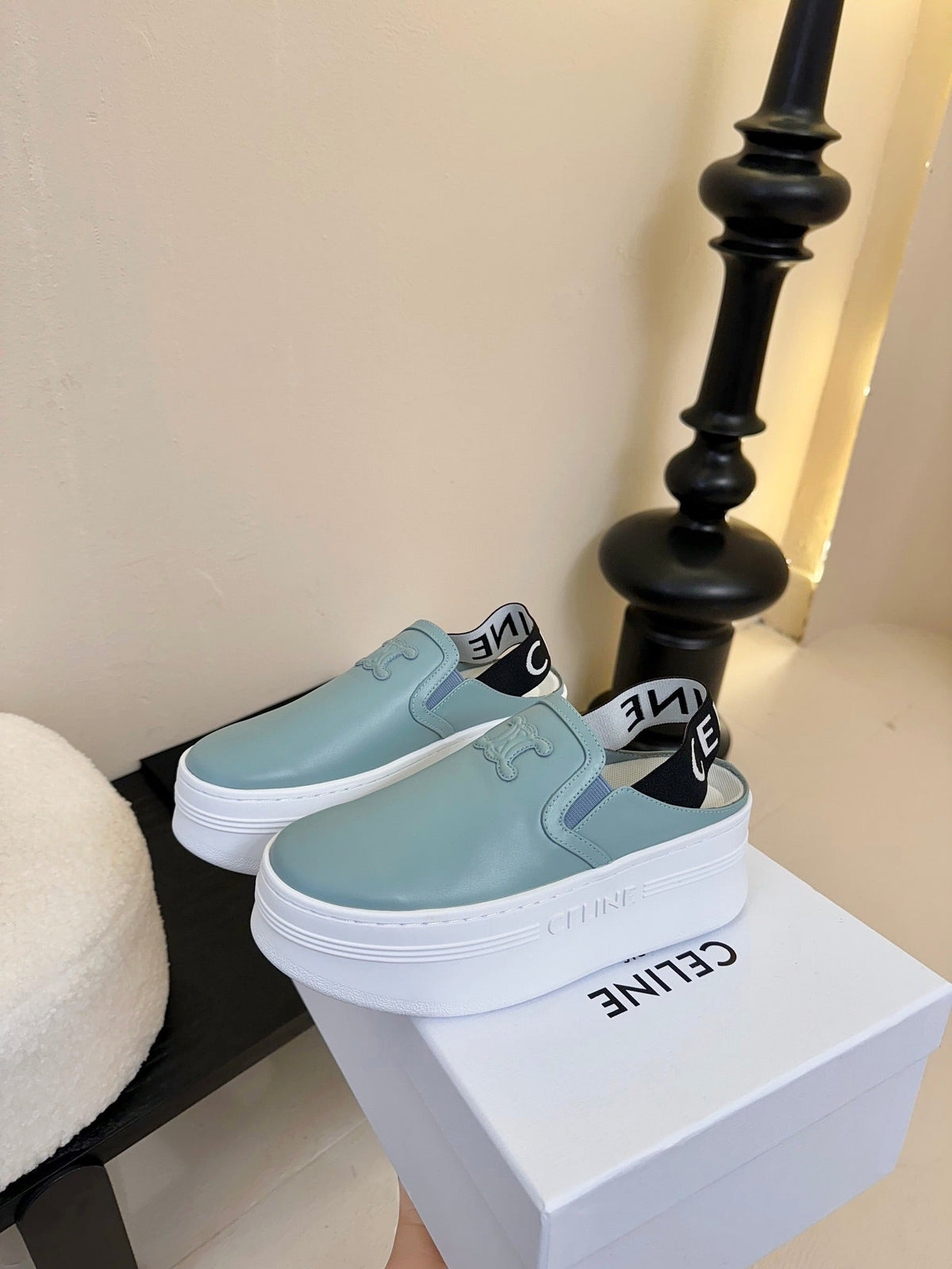 CELINE Block Wedge Mule Baby Blue Calfskin 235718
