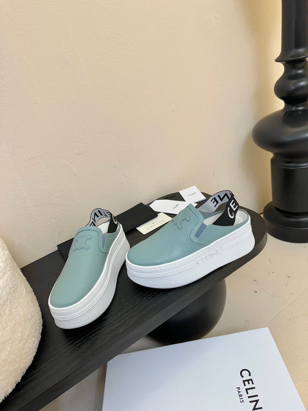 CELINE Block Wedge Mule Baby Blue Calfskin 235718