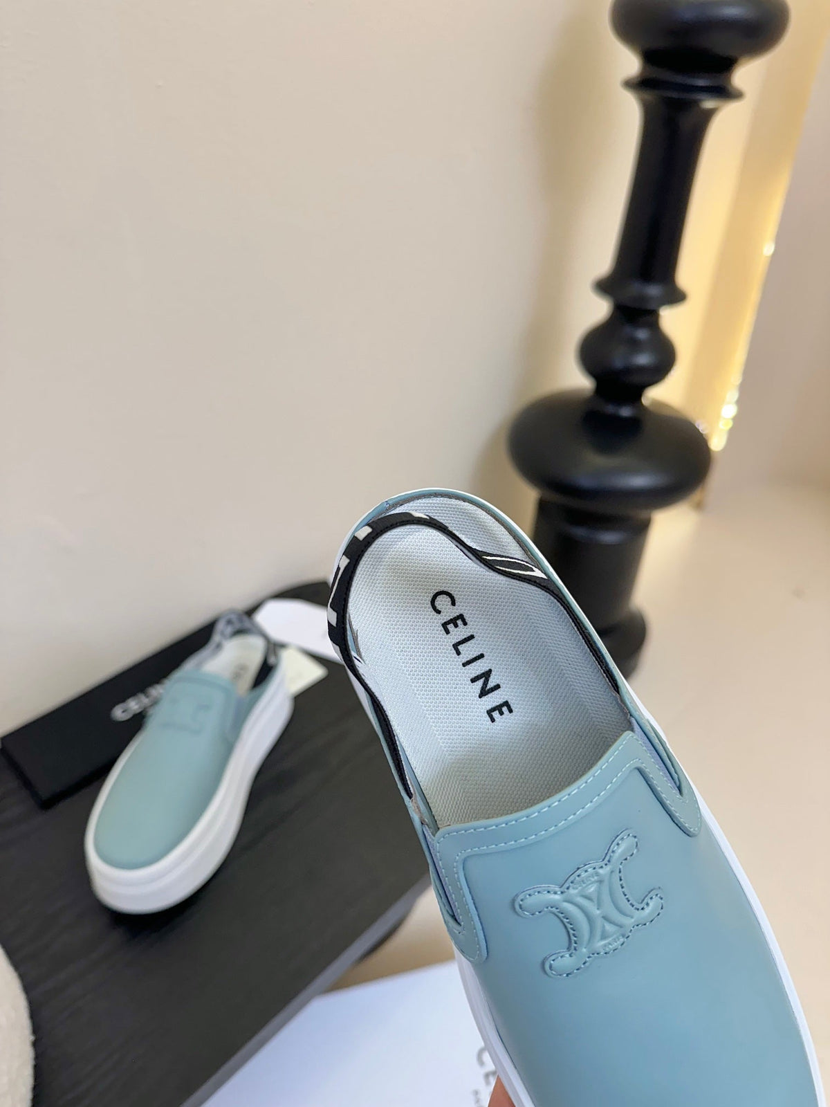 CELINE Block Wedge Mule Baby Blue Calfskin 235718