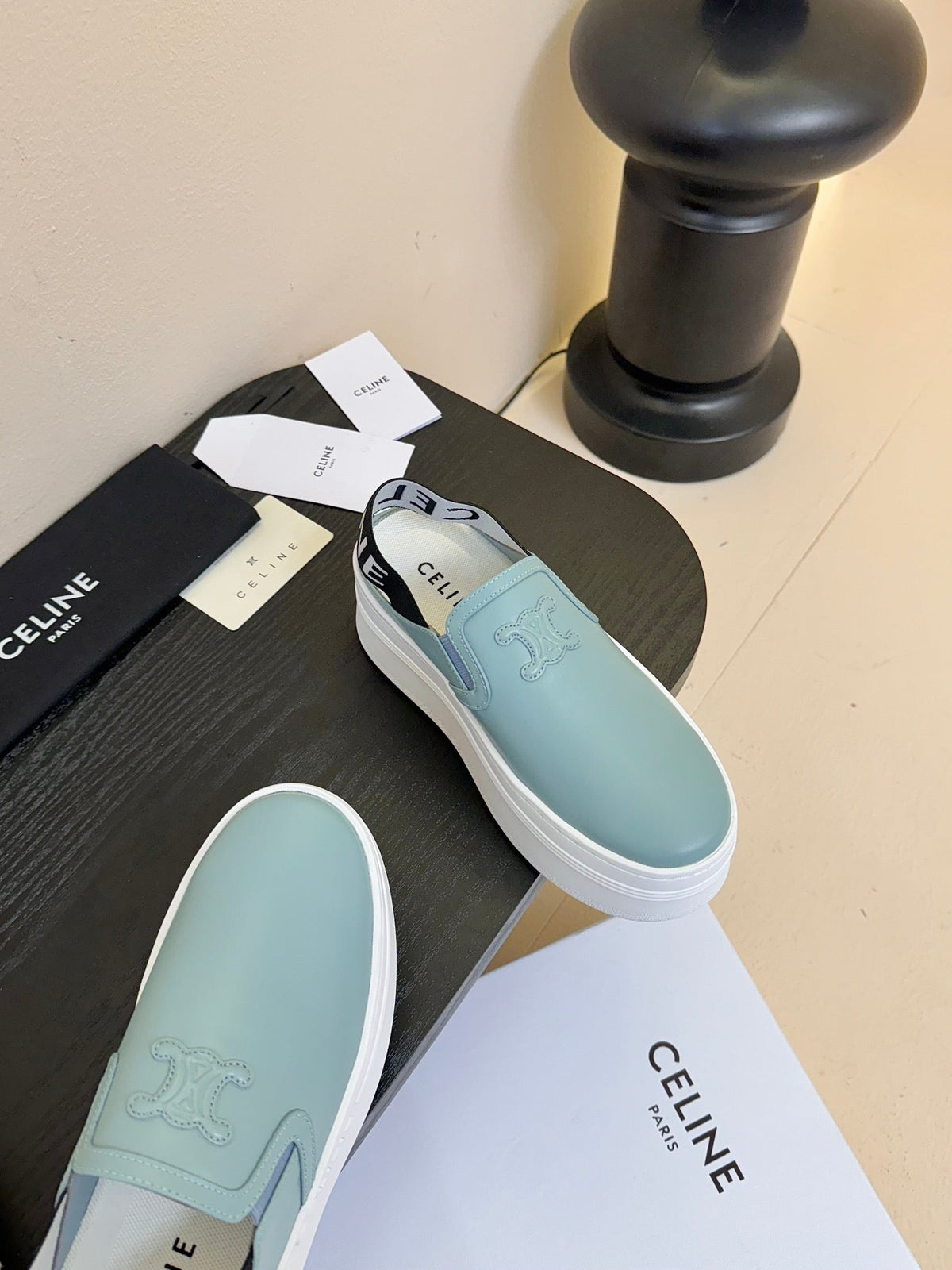 CELINE Block Wedge Mule Baby Blue Calfskin 235718