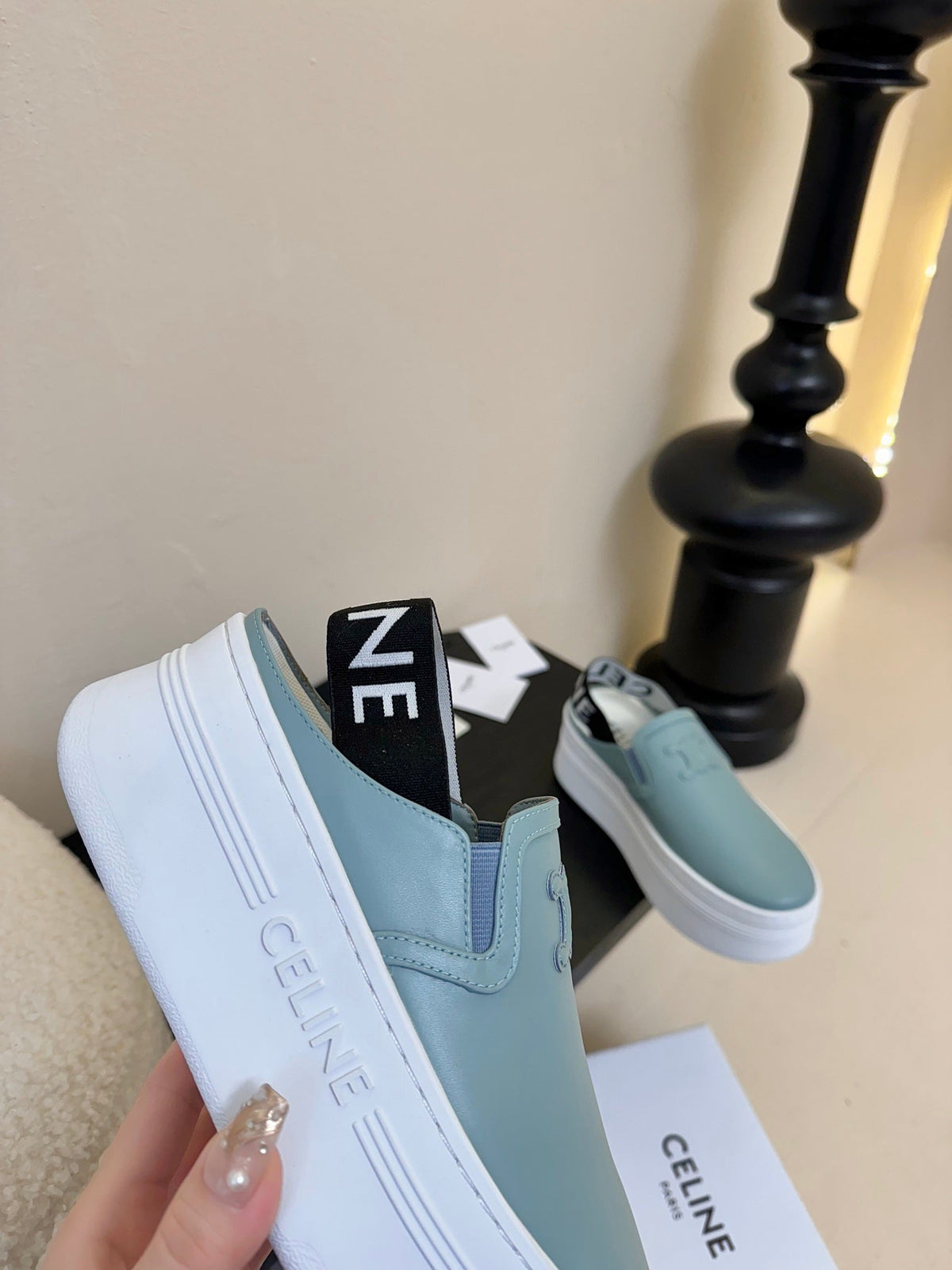 CELINE Block Wedge Mule Baby Blue Calfskin 235718