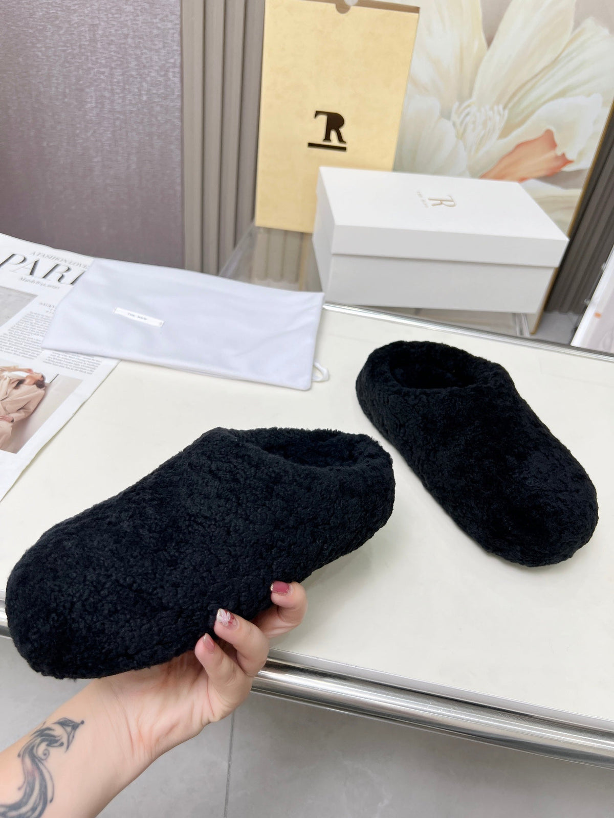 The Row 2025 Retro Oversized Toe Birkenstock Slipper Black Wool 576033