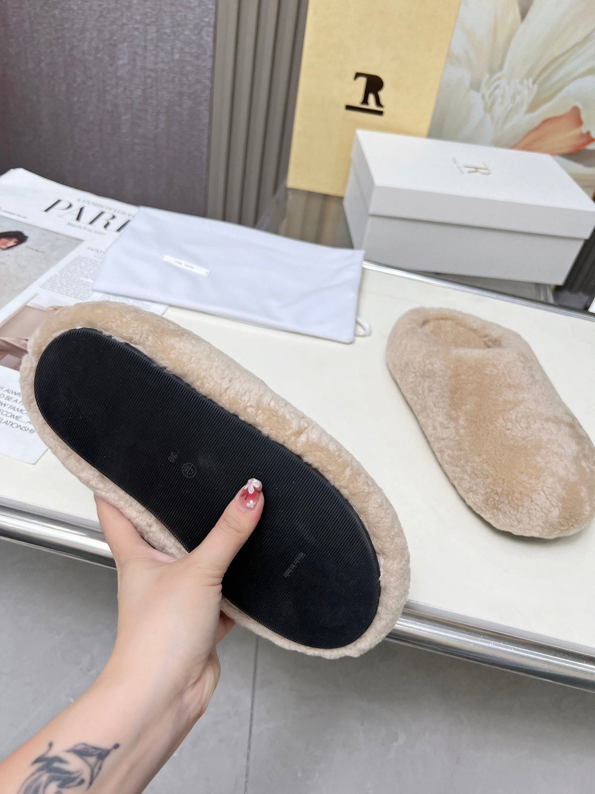 The Row 2025 Retro Oversized Toe Birkenstock Slipper Beige Wool 576034