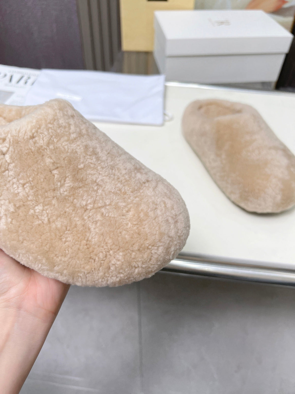 The Row 2025 Retro Oversized Toe Birkenstock Slipper Beige Wool 576034