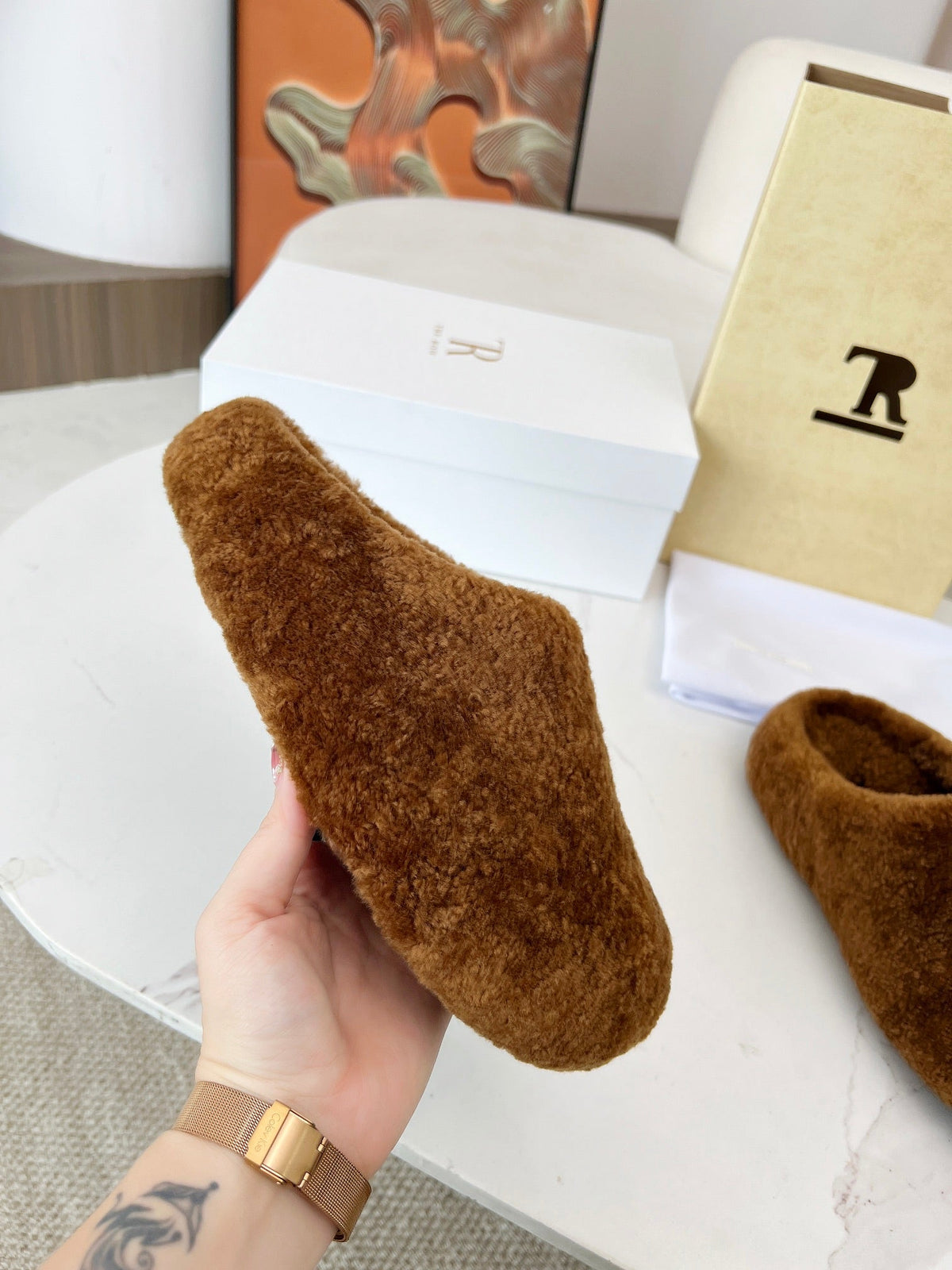 The Row 2025 Retro Oversized Toe Birkenstock Slipper Brown Wool 576032