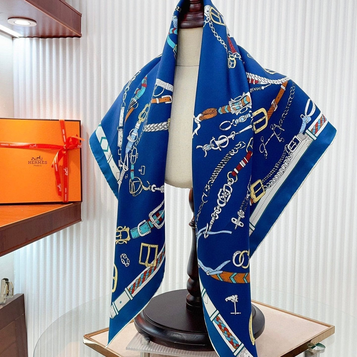 Chevaux Dechaines Shawl 90 CM In Dark Blue Colorful Silk Twill 201032