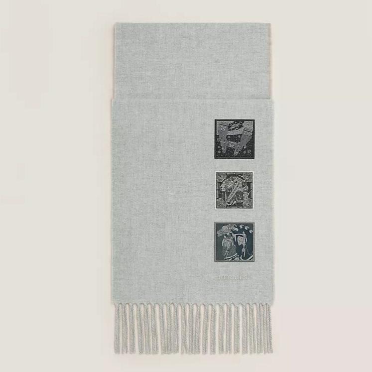 BADGES SOIE MUFFLER 180 CM SCRAF IN CLOUD GREY CASHMERE