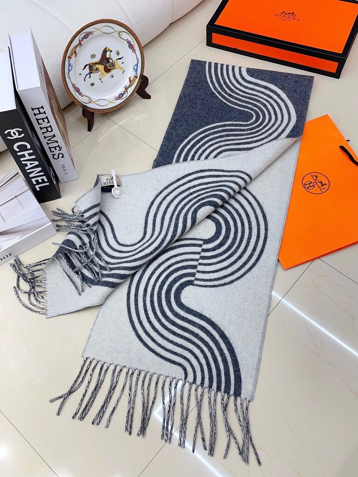 SCARF 180 CM IN SHARK GREY MIX WHITE CASHMERE