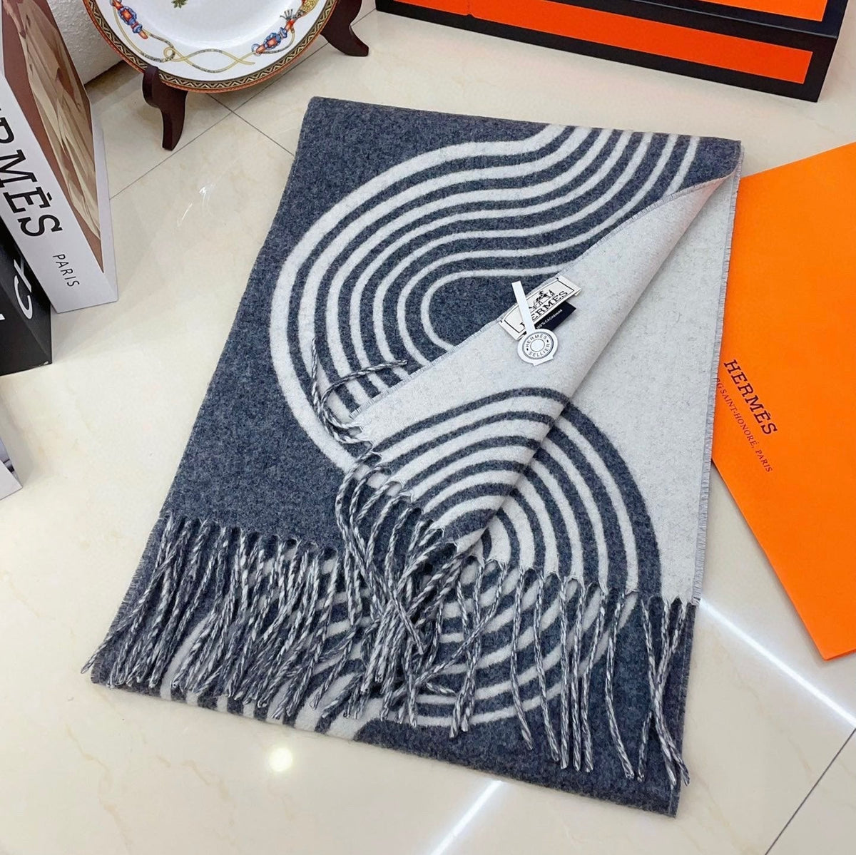 SCARF 180 CM IN SHARK GREY MIX WHITE CASHMERE