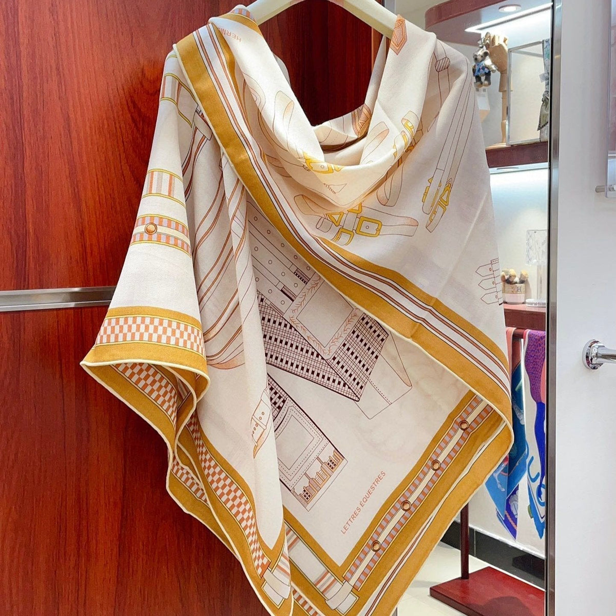 Lettres Equestres Shawl 140 CM White Colorful Cashmere And Silk 398259