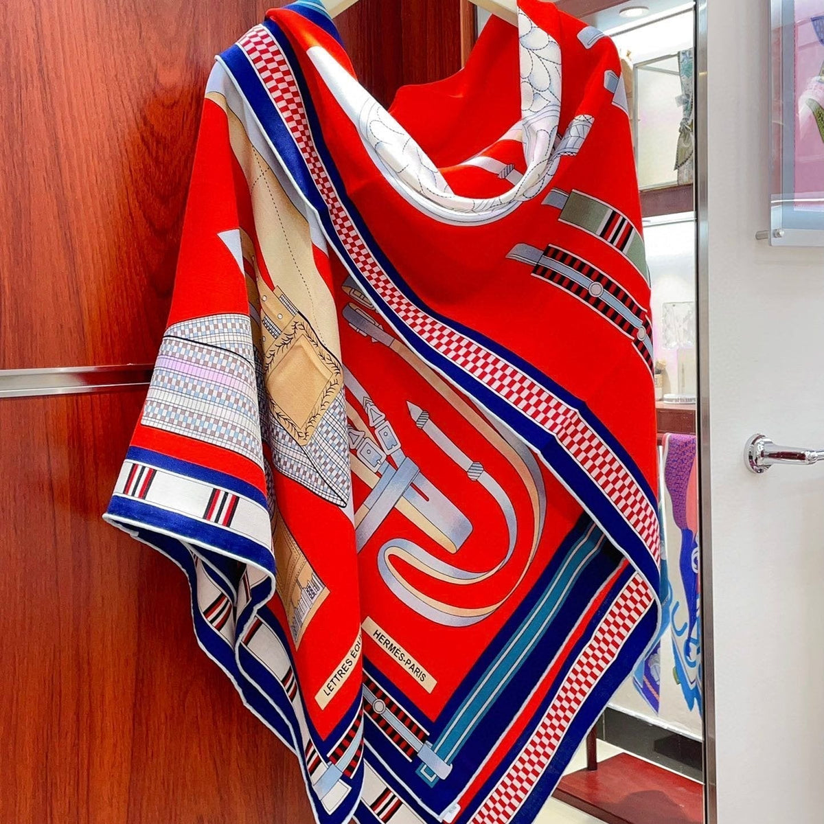 Lettres Equestres Shawl 140 CM Red Colorful Cashmere And Silk 398260