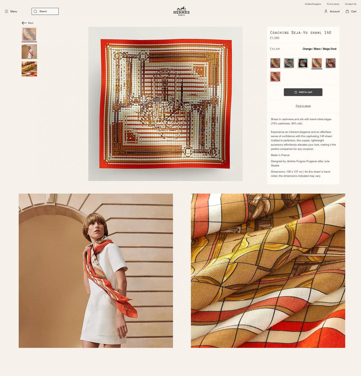 Coaching Deja-Vu Shawl 140 CM Orange Colorful Cashmere And Silk 398263