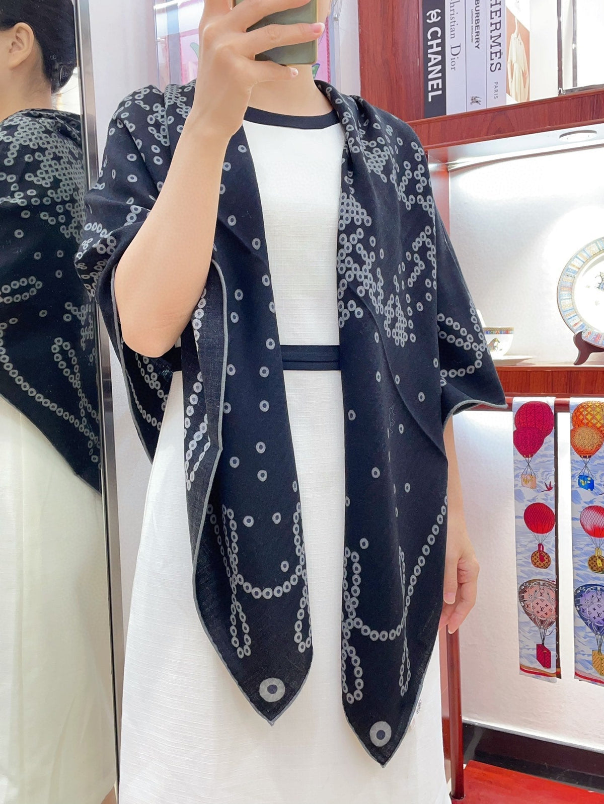 Square Scarf 140 CM Charcoal Blue Pattern Cashmere And Silk