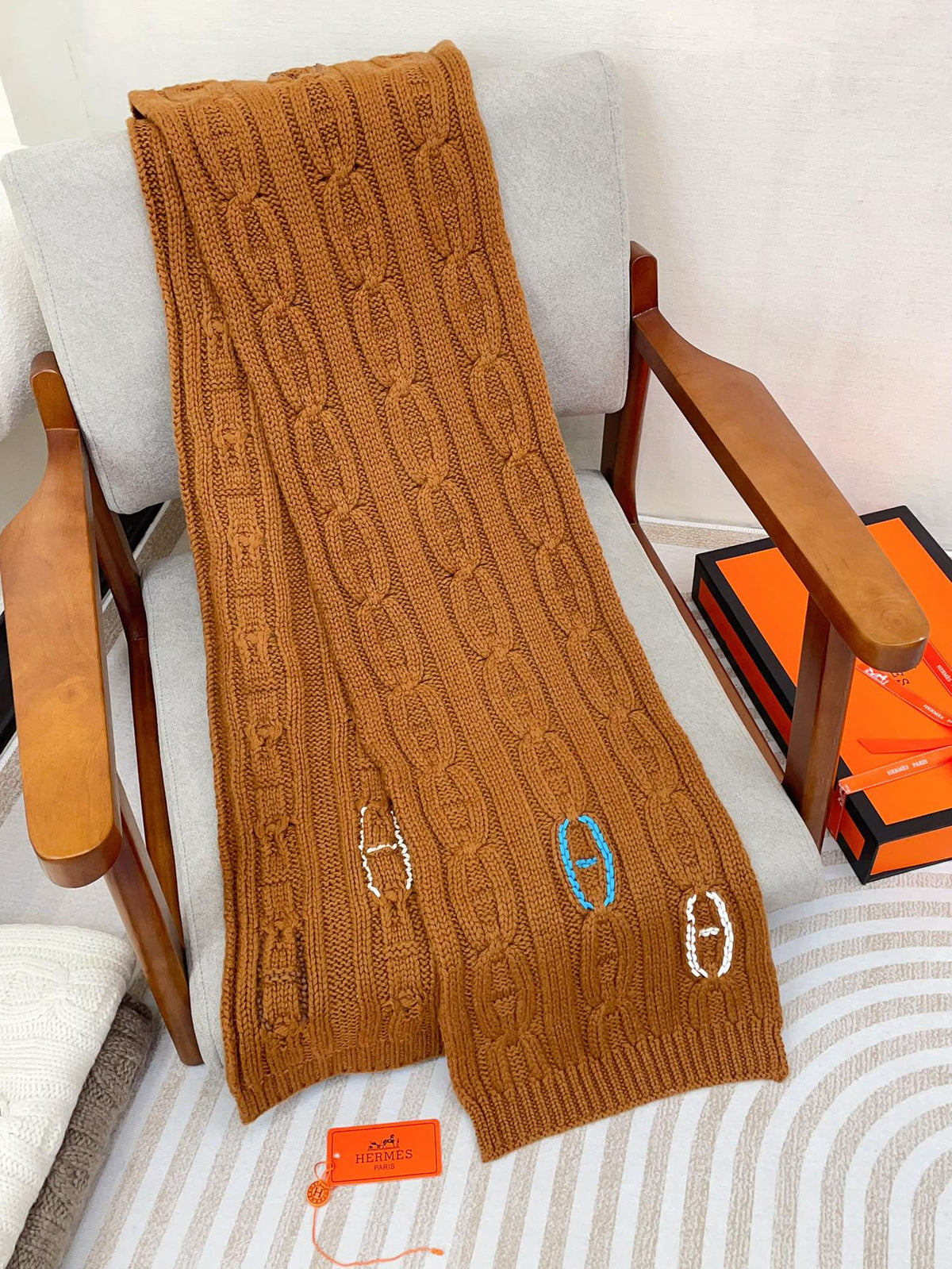 Scarf 170 CM Brown Orange Cashmere Handwoven