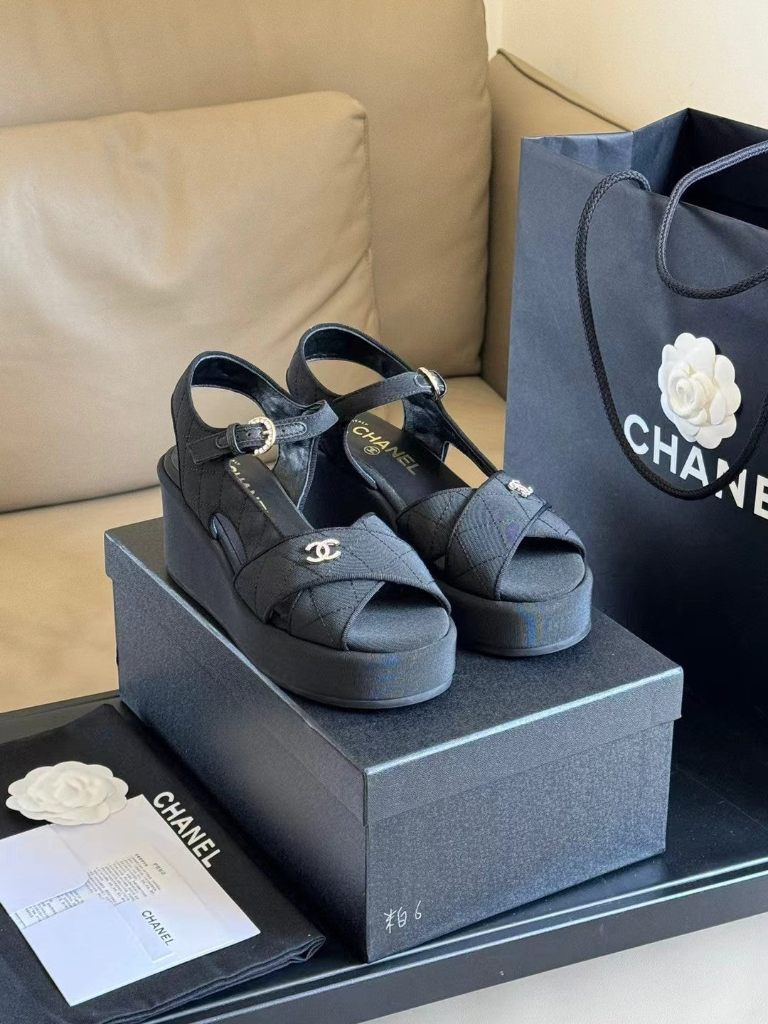 CC CLASSIC WEDGE SANDALS IN BLACK FABRIC